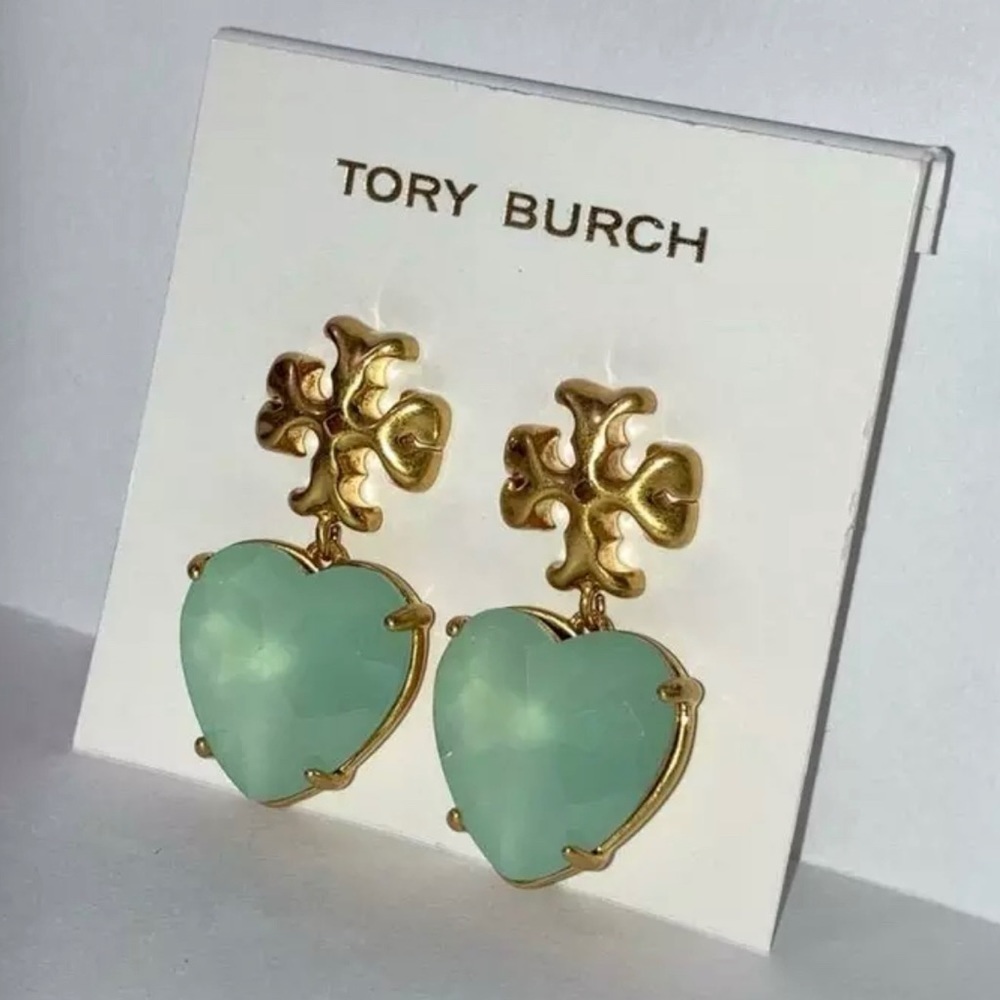 Tory Burch Authentic Roxanne Gold & Crystal Heart Earrings Soft Mint Green NWOT - Picture 8 of 11